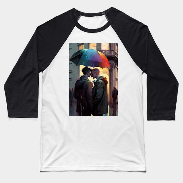 2 men, the rain, and a rainbow umbrella Baseball T-Shirt by PenguiQueer